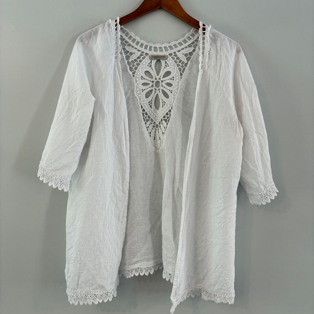 Valentina Naldi Cardigan OS Linen Crochet Medallion Italy Boho Cottage Coastal